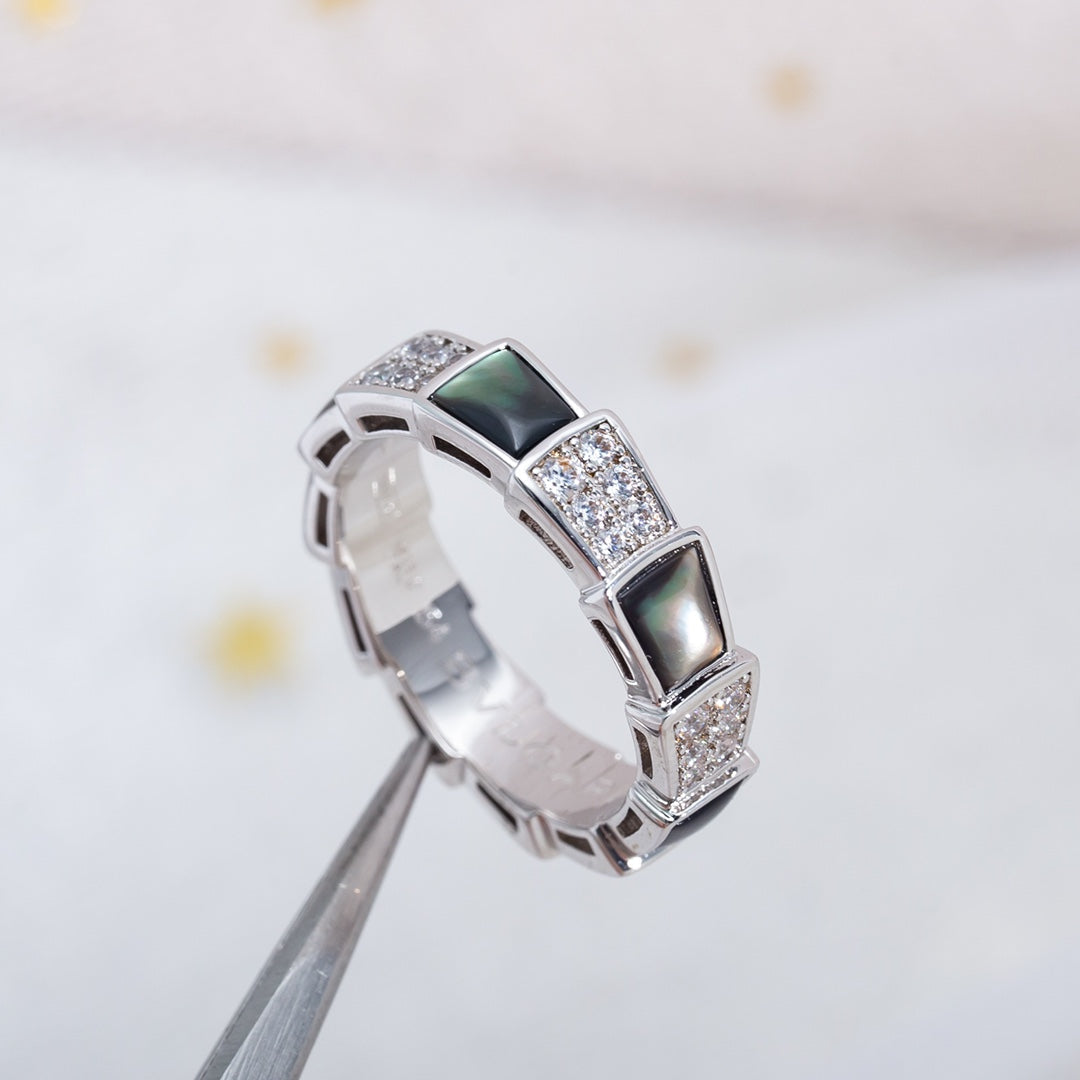 Bvlgari Serpenti Ring Silver Cubic Zirconia Black MOP 4MM