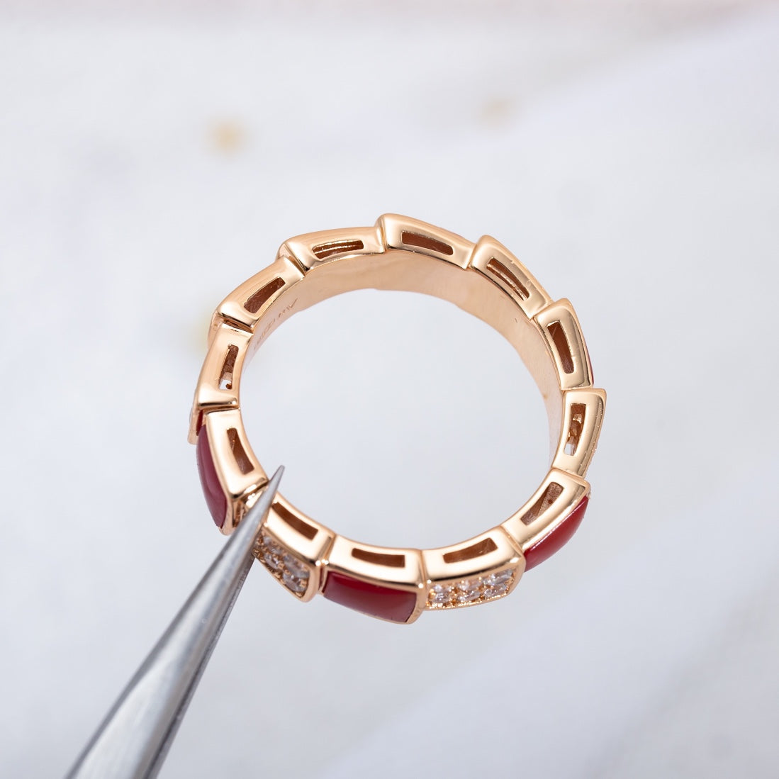 Bvlgari Serpenti Ring Pink Gold Carnelian Cubic Zirconia Paved 4MM