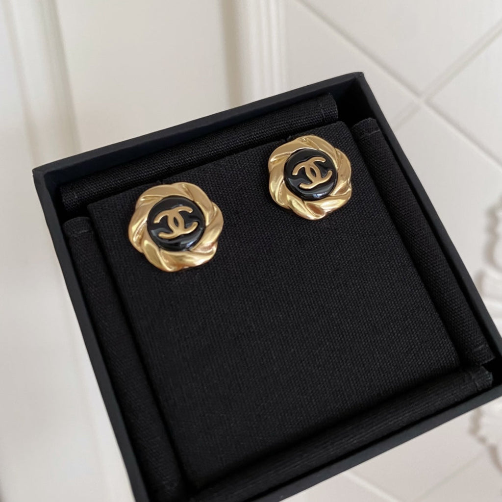 Chanel Double C Mini Stud Gold Black Earrings