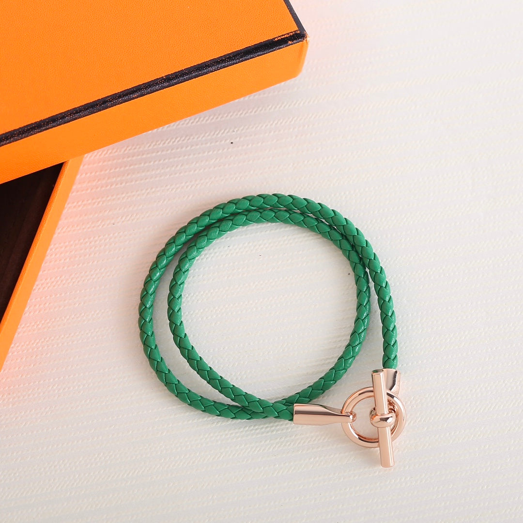 Hermes Glenan Double Tour Pink Gold Leather Bracelet
