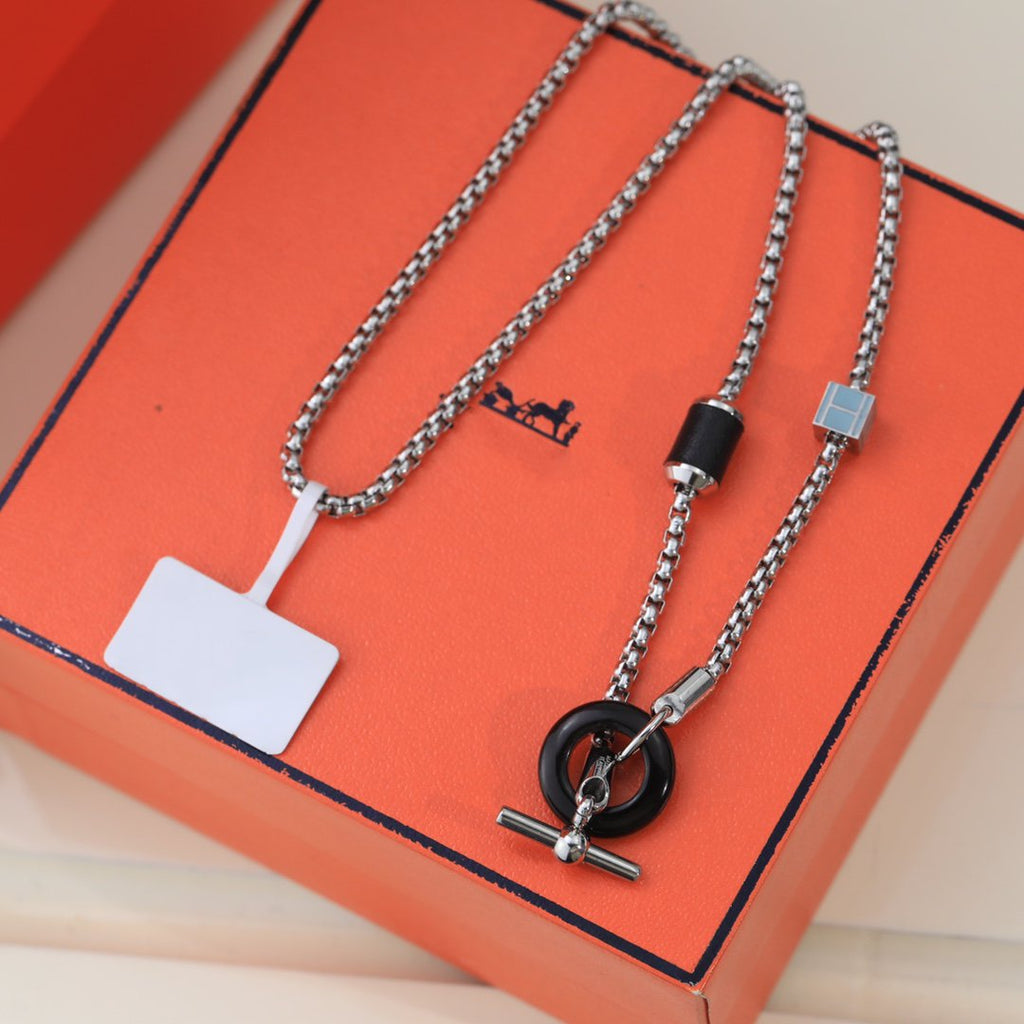 Hermes HM Black Circle Silver Necklace
