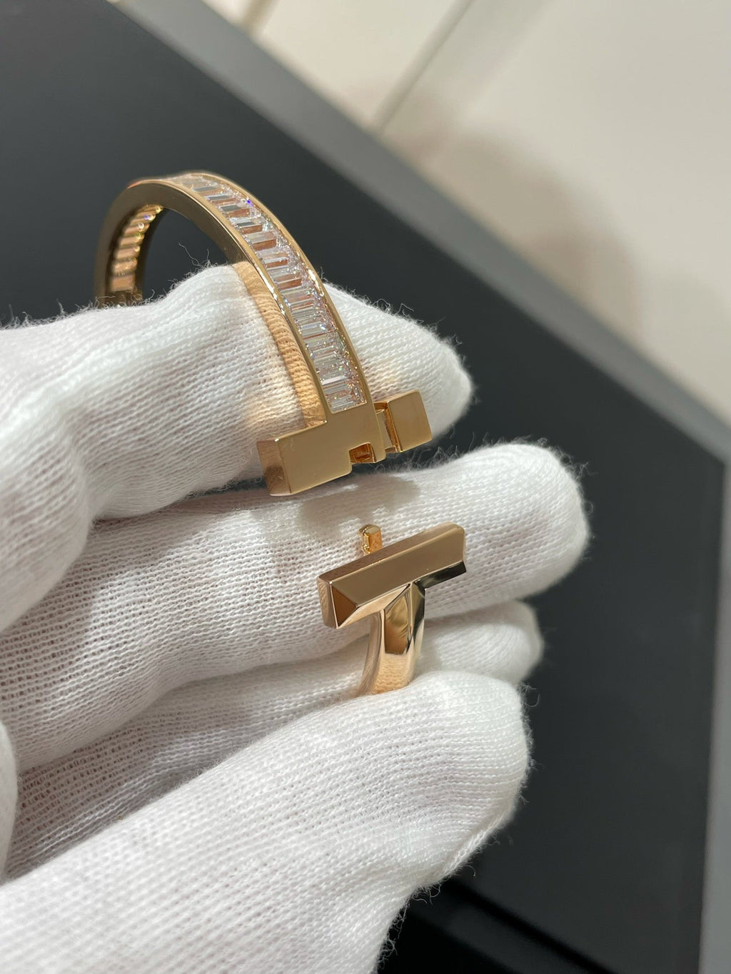 Tiffany Wide Hinged Bangle Pink Gold with Baguette Cubic Zirconia