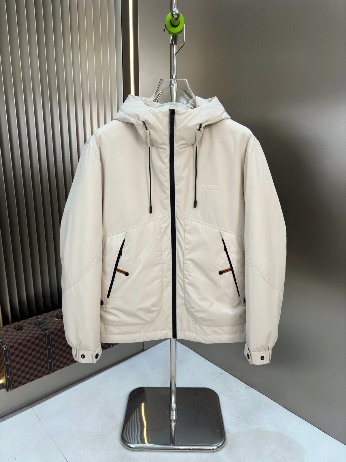 Zegna Hooded Puffer Coat with Orange Lining — front