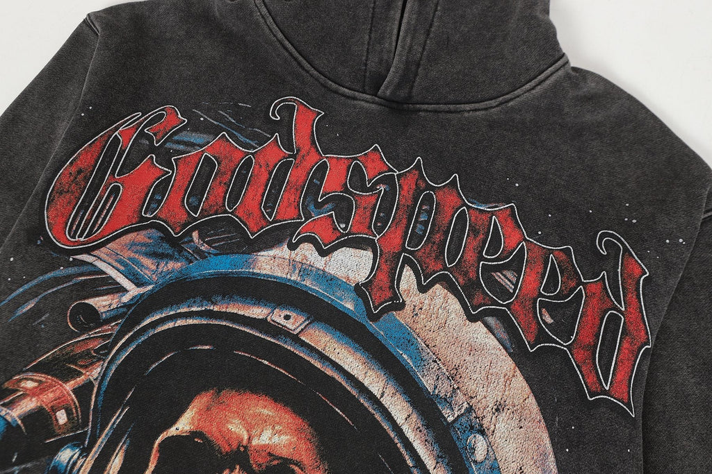 Godspeed Astronaut Skull Graphic Washed Raw Hem Hoodie — detail