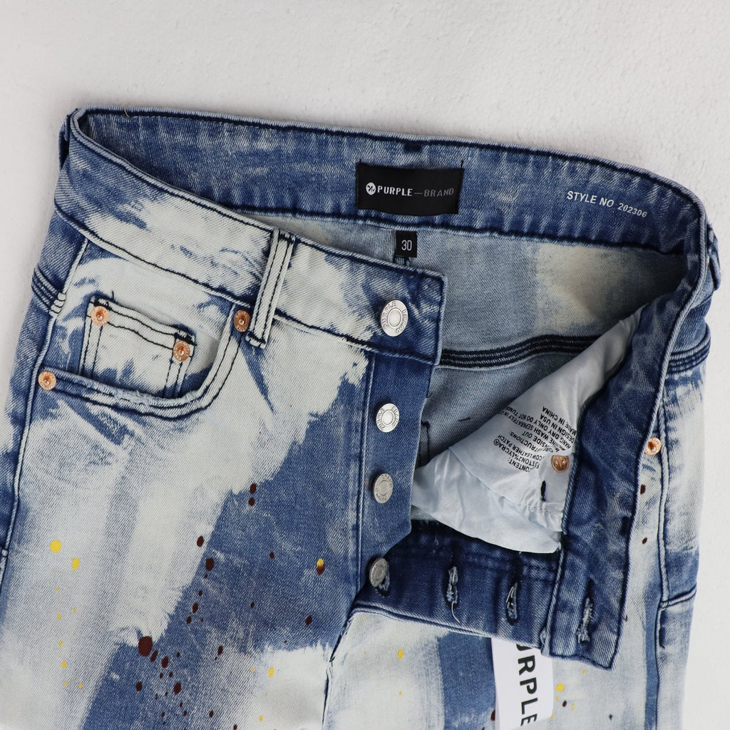 Purple Brand Light Blue Acid-Wash Denim Shorts — detail