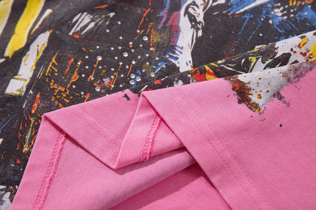 MAJESTIK Pink Rhinestone Distressed Graphic T-Shirt — detail