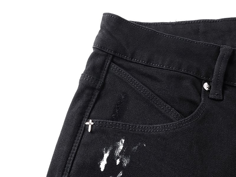 R+A Rest in Peace Cross Patch Paint-Splatter Jeans — detail