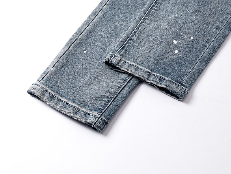 R+A Light Blue Distressed Paint Speckle Jeans — detail