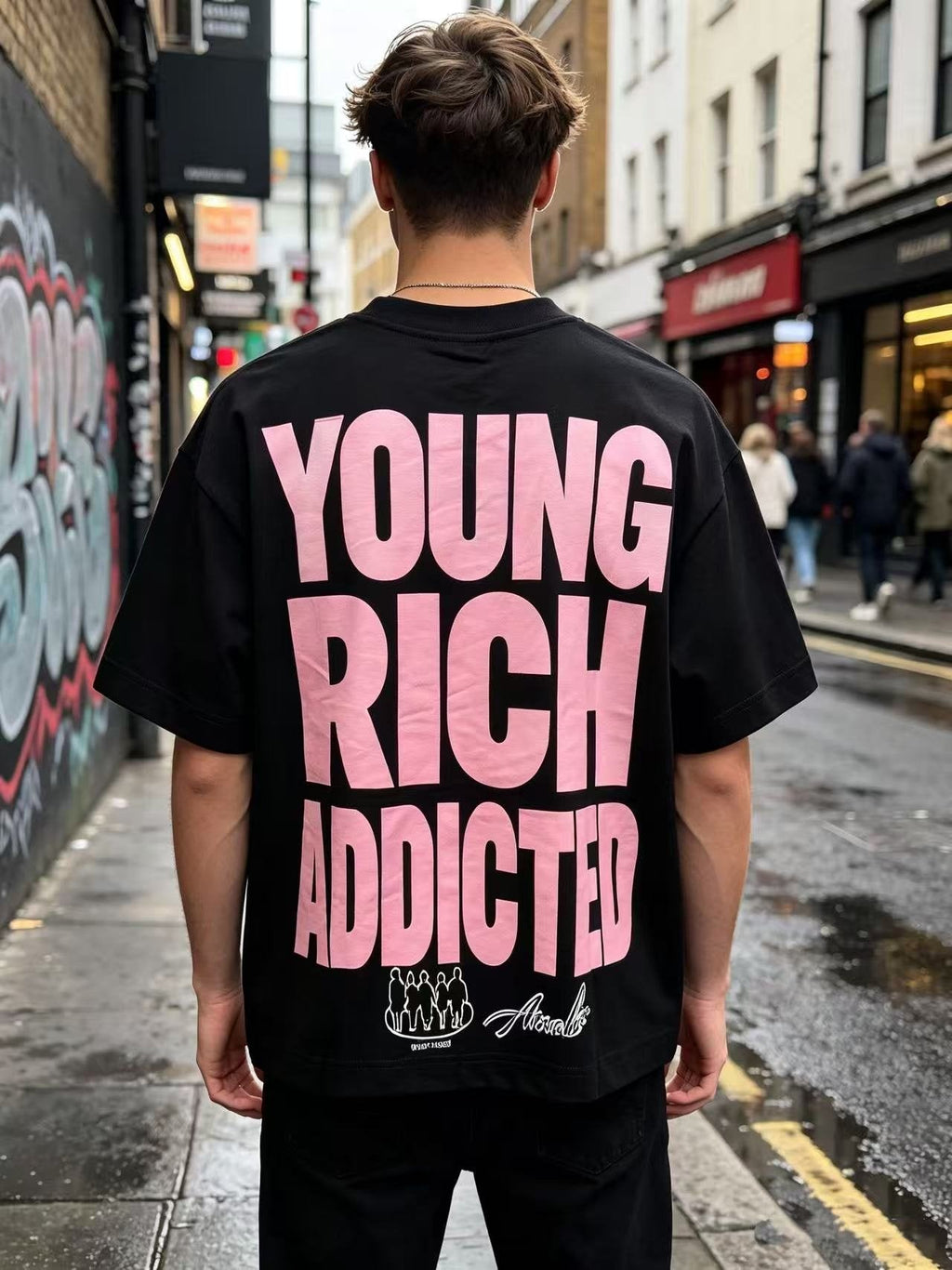 ASAALL Young Rich Addicted Portrait Graphic T-Shirt — model
