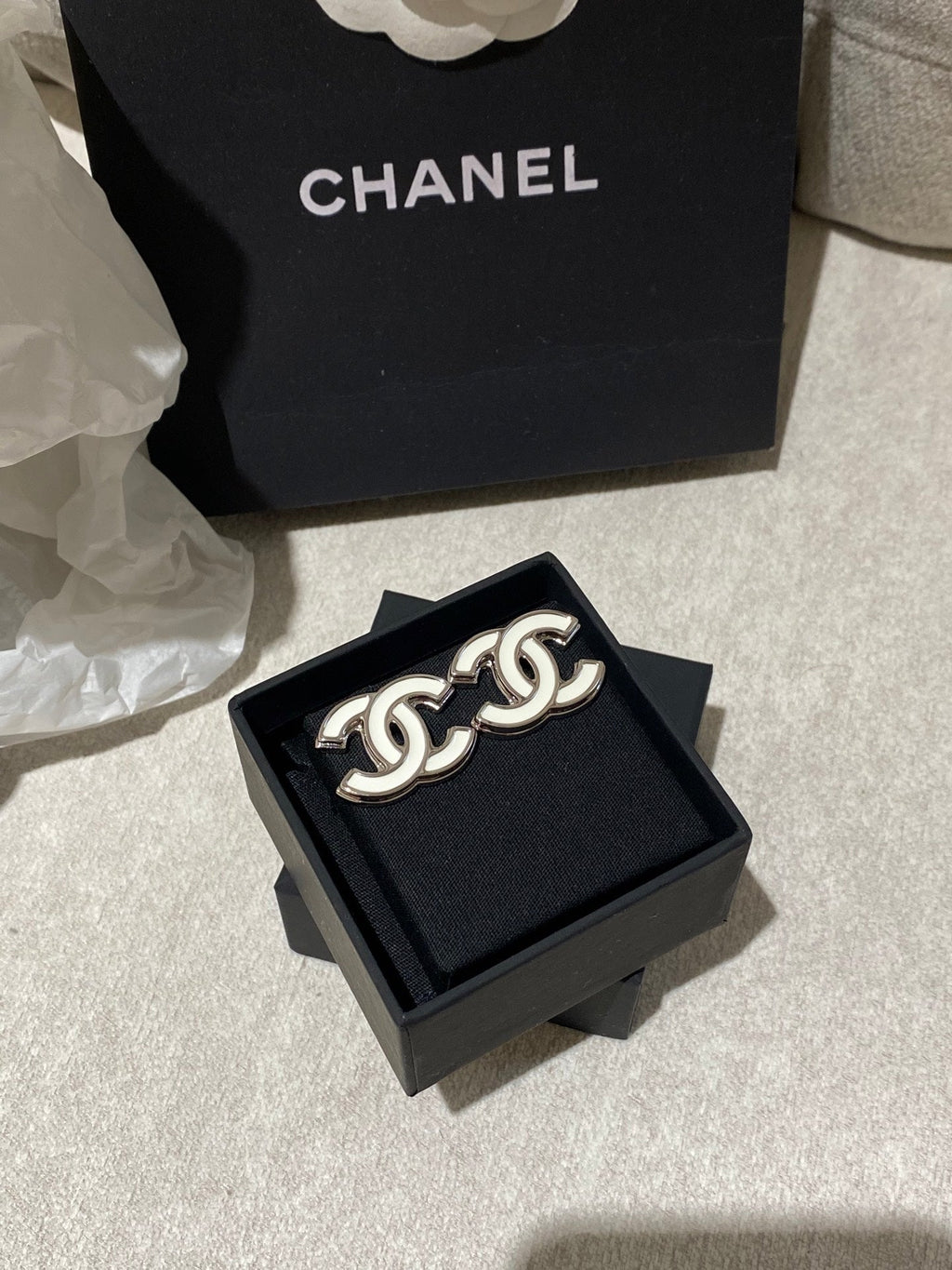 Chanel Classic White Silver Enamel Double C Earrings - Style 1