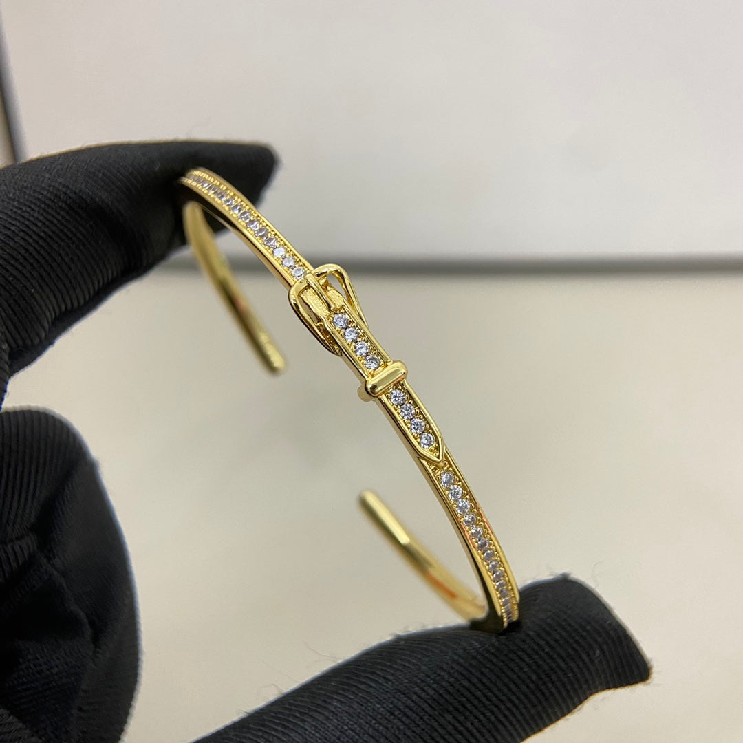Hermes Full Diamond Buckle Belt Open Bracelet