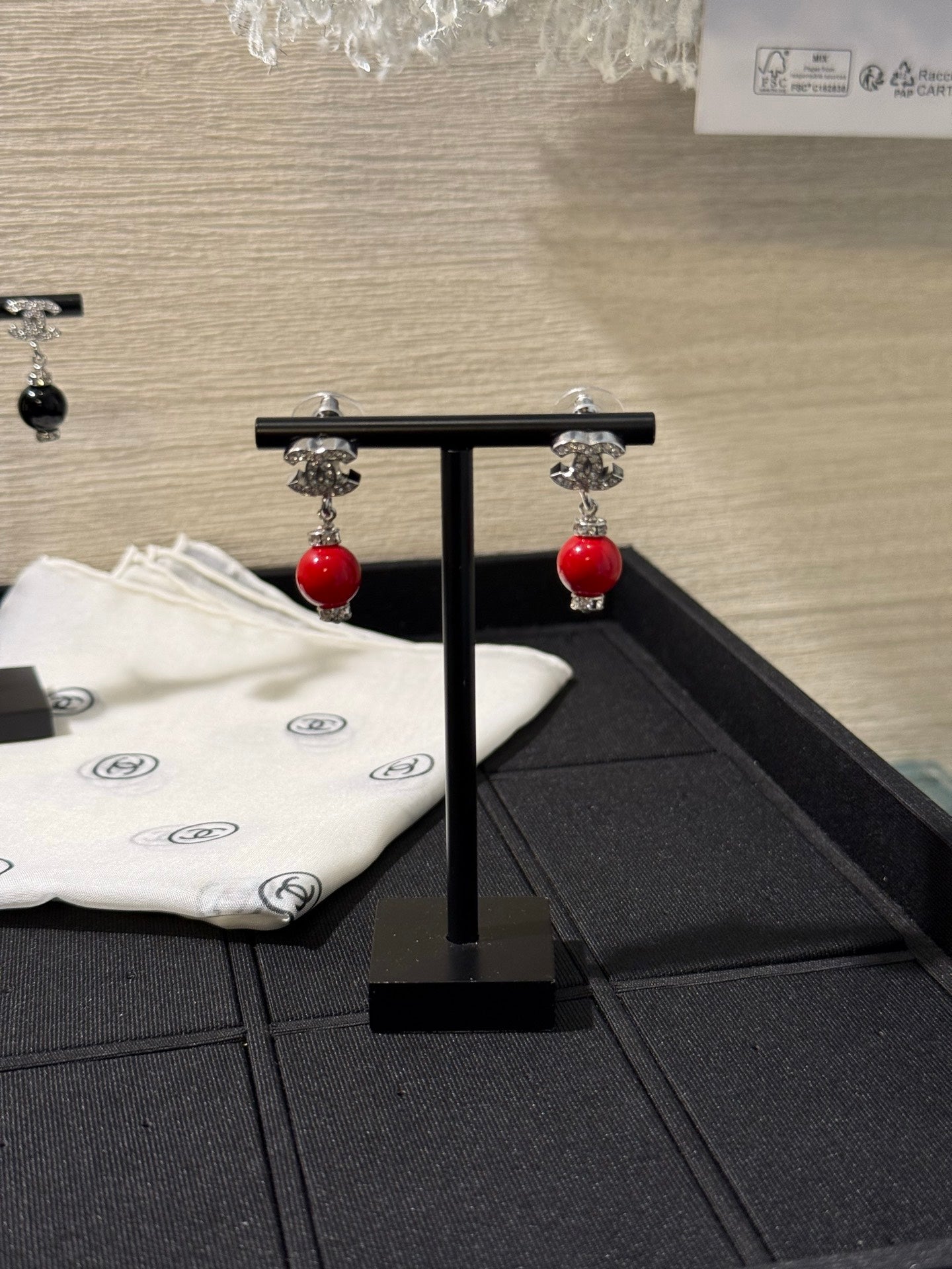 Chanel 2026 Silver Full Diamond Double C Red Bead Earrings